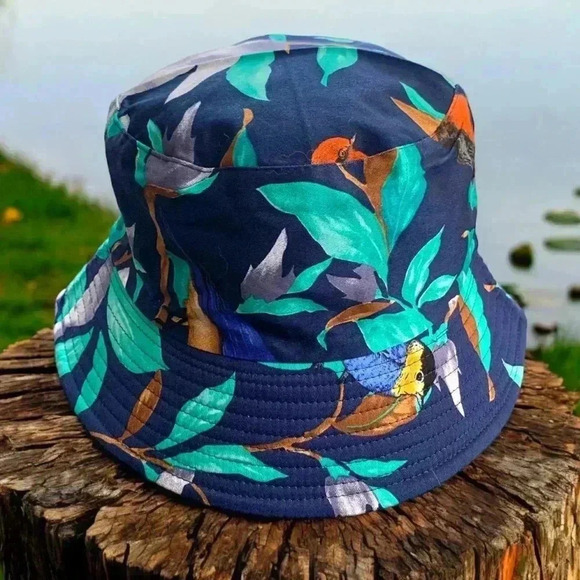Hand Crafted Accessories - Boutique Handcrafted OSFM Navy Blue Bird Printed Bucket Hat Birding Fauna Floral